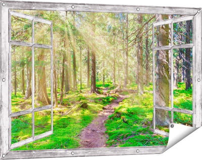 Gards Tuinposter Doorkijk Pad in Bos met Zon tussen de Bomen - 120x80 cm - Tuindoek - Tuindecoratie - Wanddecoratie buiten - Tuinschilderij