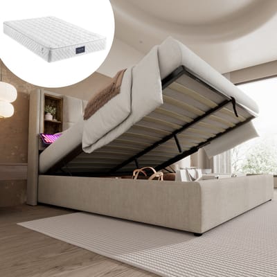 SINGULARITY-Tweepersoonsbed gestoffeerd bedframe 160x200cm- bedframe met opbergruimte lattenbodem natuurlijk linnen met matras