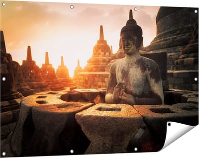 Gards Tuinposter Boeddha Beeld in een Tempel - 120x80 cm - Tuindoek - Tuindecoratie - Wanddecoratie buiten - Tuinschilderij