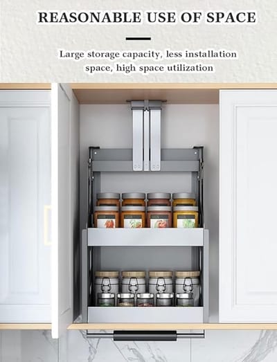 Keukenkast Organizer Uittrekbaar & Neerklapbaar Kruidenrek 2-Laags – 50 cm Kast – RVS 304 Stainless Steel Pull Down Keuken Opbergsysteem voor Wandkast – Ruimtebesparende Drop Down Shelf