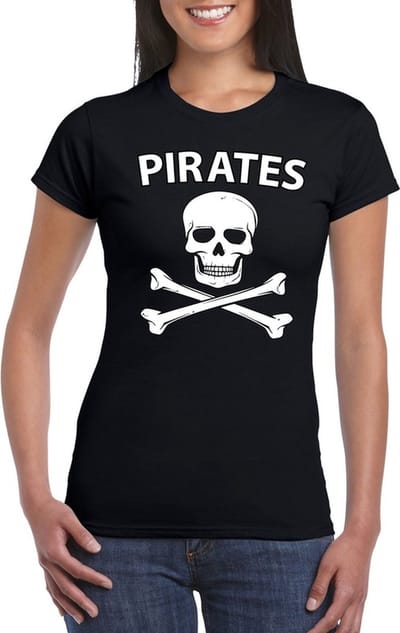 Piraten verkleed t-shirt - zwart - dames - piraat - kleding - Verkleedkleding S