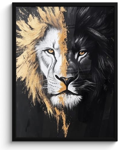 Poster in lijst - Fotolijst 50x70 cm - Posters - Leeuw - Gesplitst - Zwart - Lijn - Posterlijst zwart - Decoratie - Wanddecoratie woonkamer - Muurdecoratie slaapkamer