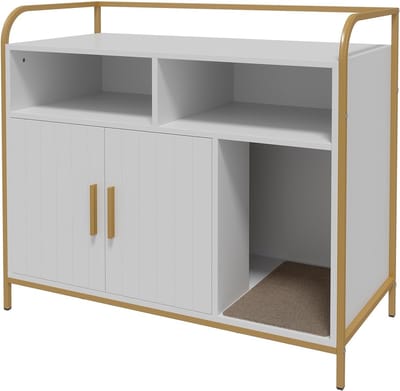 Kattenbak Meubel met Opbergruimte - Verborgen Kattenbak Kast met 2 Vakken, Dubbele Deuren & Zij-ingang - Kattenhuis & Bijzettafel - wit - 95 x 45 x 82 cm