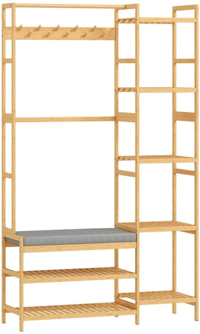 Kapstok met Bank - Kapstok met Schoenenrek en Haken - Zitbank met Kussen - Hout - Naturel