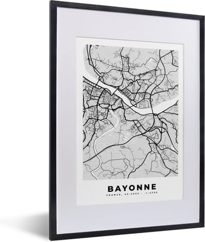 Fotolijst incl. Poster - Kaart - Stadskaart - Bayonne - Plattegrond - Frankrijk - 30x40 cm - Posterlijst