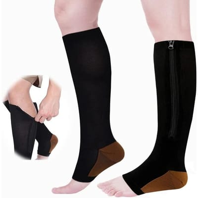 1 Pair Zipper Calf Compression Socks Knee High Open Toe Support Graduated Medical Varicose Veins Hosiery for Men Women XXL zwart