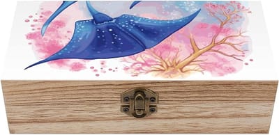 Houten Opbergdoos - Aandenken Organizer - Herinneringen Bewaren - Vintage Zeedieren Design - 20 cm Lengte - Multicolor