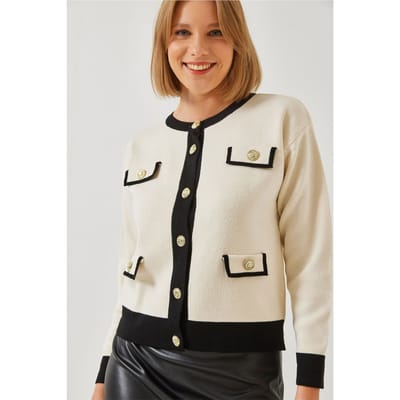 Gepatineerde acryl crewneck cardigan met zakken
