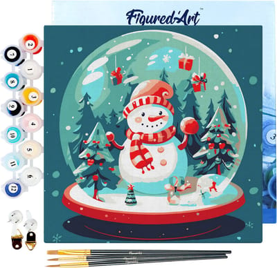 Figured'Art Mini Schilderen op Nummer Volwassenen 20x20cm met lijst Sneeuwpop in Sneeuwbol - Klein Formaat Creatieve Hobby Kit DIY Art Nummer Compleet