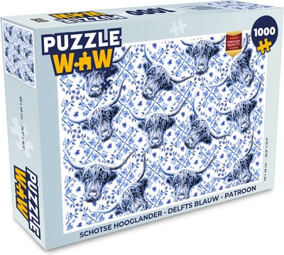 Puzzel Schotse hooglander - Delfts blauw - Patroon - Legpuzzel - Puzzel 1000 stukjes volwassenen