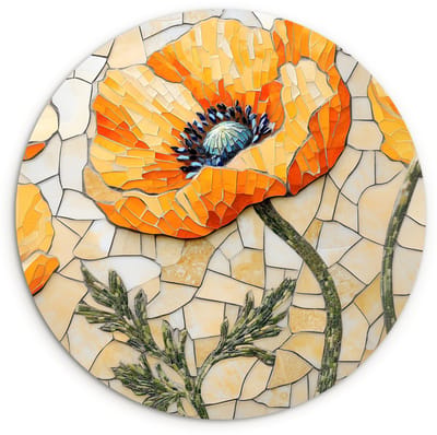 WallCircle® Wandcirkel 120x120 cm - Muurcirkel Klaprozen - Oranje - Mozaïek - Bladeren - Muurdecoratie woonkamer - Wanddecoratie slaapkamer - Kamer decoratie accessoires - Ronde schilderijen XXL