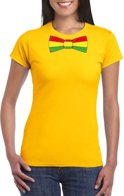 Geel t-shirt met Limburgse kleuren strik dames - Carnaval shirts S