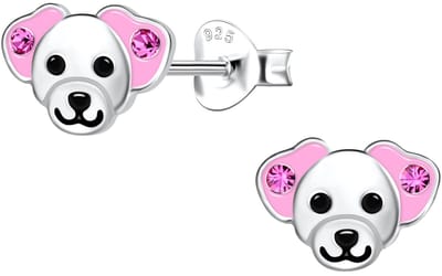 Joy|S - Zilveren hond oorbellen - zilver met roze oortjes met kristal - 9 x 6 mm - kinderoorbellen
