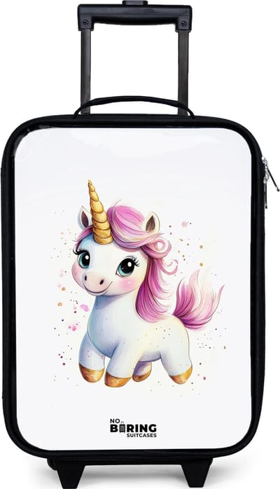 NoBoringSuitcases.com® - Kinderkoffer jongen - Kindertrolley meisje - Witte eenhoorn met roze manen - Koffer kind lichtgewicht - Reiskoffer trolley voor kinderen - Koffertje met lichtgevende wieltjes - Rolkoffer zwart