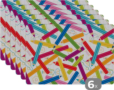 Placemat - Placemats kunststof - Potlood - Patronen - Regenboog - 45x30 cm - 6 stuks - Hittebestendig - Anti-Slip - Onderlegger - Afneembaar
