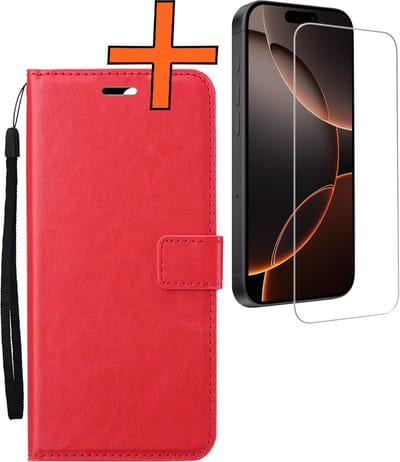 Hoes - Met Screenprotector - Geschikt voor Apple iPhone 16 Pro - Luxe Pasjeshouder - Bookcase Portemonee - Flip Case - Kunstleer Book Case - Flipcase - Book Cover - Walletcase - PortemonneeHoes - Rood