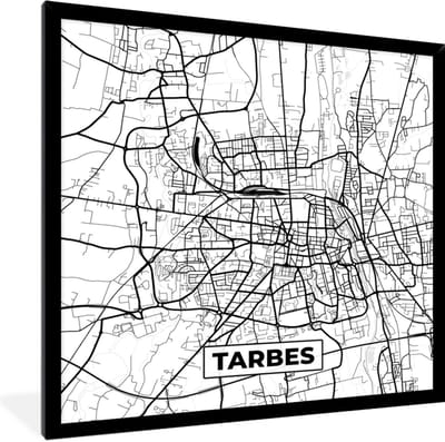 Fotolijst incl. Poster Zwart Wit- Kaart - Tarbes - Frankrijk - Stadskaart - Plattegrond - Zwart wit - 40x40 cm - Posterlijst