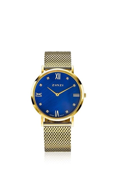 ZINZI Roman horloge donkerblauwe parelmoer wijzerplaat, geelgoudkleurige stalen kast, witte zirconia's bij uuraanduiding, geelgoudkleurige stalen mesh band 34mm extra dun ZIW547M