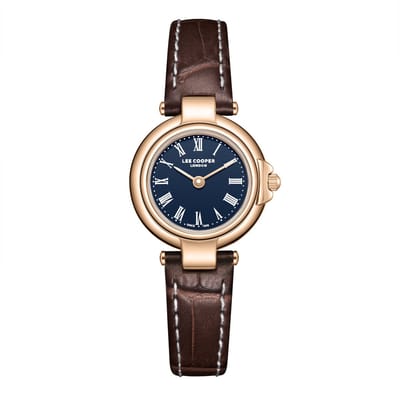 Lee Cooper LC08205.492 - Horloge - Polshorloge - Analoog - Dames - Vrouwen - Leren band - Metaal - Rond - Stippen - Romeinse cijfers - Donkerbruin- Rosékleurig - Donkerblauw - Wit