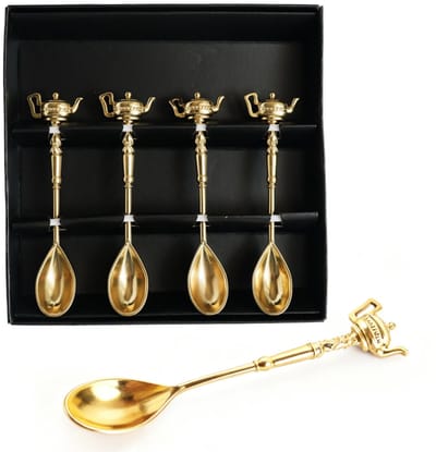 Decopatent - 4x Koffiepot Koffielepels / Theelepels Goud - RVS Koffie & Thee Lepeltjes met Koffiepot - Goud kleurig