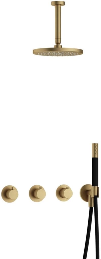 Hotbath Cobber - CB7067 - Inbouw Regendoucheset - Geborsteld Messing - 2 Stopkranen - Thermostatisch - Plafondbuis 15 cm - Hoofddouche 200 mm - Staafhanddouche - Waterbesparend