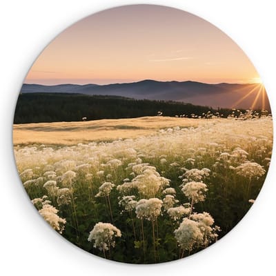 Saammp Muurcirkel Hout - Landschap - Wit - Bloemenveld met zonsondergang en bergen - Natuur - Ø 90 - Wandcirkel - Wanddecoratie Cirkel - Muurdecoratie Woonkamer - Slaapkamer decoratie - Rond Schilderij