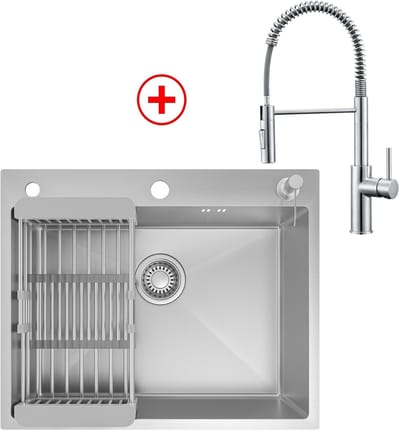 CECIPA max Spoelbak Keuken RVS 60x49CM - Met keukenkraan met uittrekbare uitloop - Spoelbak Met Kraangat - Spoelbak Met Zeepdispenser - Overloop en Sifon