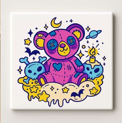 Schattige Gotische Teddybeer Tegel – 15x15cm Kleurrijke Keramische Muurdecoratie, Uniek Cadeau voor Kinderen of Alternatieve Kamerversiering