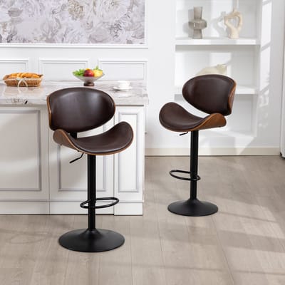 Wishdor Barkrukken Set van 2 - Draaibaar & In Hoogte Verstelbaar - Vintage Hout & Kunstleer - Bruin - Zithoogte 59-70 cm