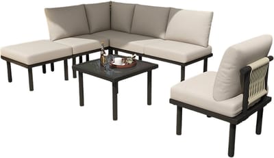6-delig Tuin Loungeset - Tuinmeubelset - Voor Buiten & Terras - Met Glazen Tafelblad & Kussens - Touwgaas & IJzeren Frame