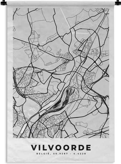 Wandkleed - Wanddoek - Plattegrond – Vilvoorde – Zwart Wit – Stadskaart - Kaart - 120x180 cm - Wandtapijt