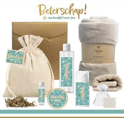 Geschenkset “Beterschap! en een knuffel voor jou” - 8 producten - 1210 gram | Cadeau Vrouw - Giftset Vrouw-Meisje - Welness Set - Speciaal voor jou - Cadeaupakket - Beterschapscadeau - Opkikkertje - Denk aan jou - Liefs - Goud - Turquoise