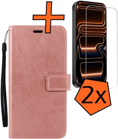 Hoes - Met 2x Screenprotector - Geschikt voor Apple iPhone 17 Pro - Luxe Pasjeshouder - Bookcase Portemonee - Flip Case - Kunstleer Book Case - Flipcase Hoes - Book Cover - Walletcase - PortemonneeHoes - Rosé goud
