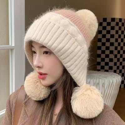 Bonnet mignon en laine pour femmes en hiver avec polaire ajoutée pour la chaleur, protection des oreilles, cyclisme, protection contre le froid et le vent, bonnet en laine à enfiler pour étudiantes