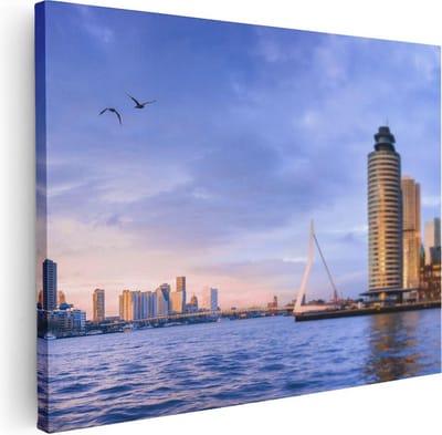 Artaza Canvas Schilderij Rotterdam - 80x60 cm - Wanddecoratie Skyline - Muurdecoratie Erasmusbrug - Schilderijen Op Canvas Zonsondergang