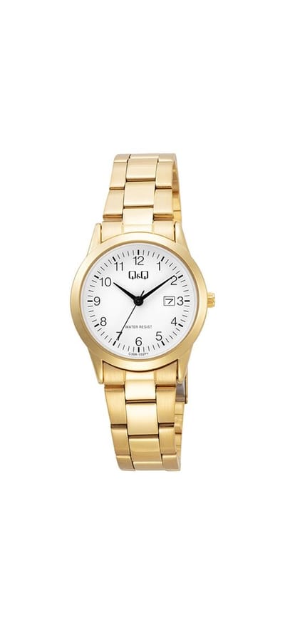 Q&Q C30A-002PY - Horloge - Analoog - Vrouwen - Dames - stalen band - Rond - Metaal - Cijfers - Datumaanduiding - Goudkleurig - Wit - 3 ATM