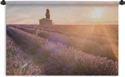 Wandkleed De lavendel - Zonsopkomst boven een lavendelveld Wandkleed katoen 60x40 cm - Wandtapijt met foto