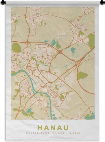 Wandkleed - Wanddoek - Kaart - Hanau - Plattegrond - Vintage - Stadskaart - 120x180 cm - Wandtapijt