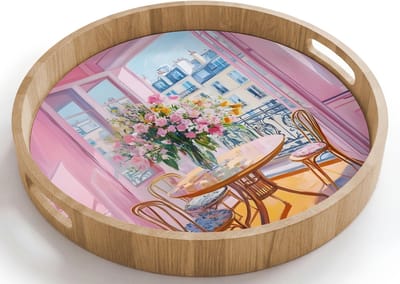 Dienblad rond 40x40 cm - Schootdienblad hout - Pink - City - Bloemen - Borrelplank rechthoek - Plateau houten dienbladen