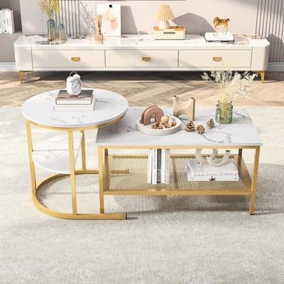 Set van 2 Rechthoekige Salontafels met Marmerlook en Metalen Frame