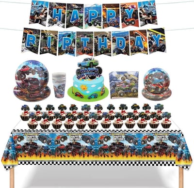 Feestelijke Monster Truck Verjaardagsset met Borden, Bekers, Tafellaken en Versiering voor Kinderen - Compleet Feestpakket voor Jongens en Meisjes