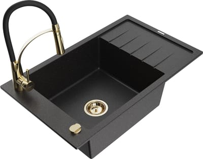 Mexen Elias granieten gootsteen met 1 kom met afdruiprek en keukenmengkraan Aster, zwart/zilver metallic - 6511-73-73450-57-G