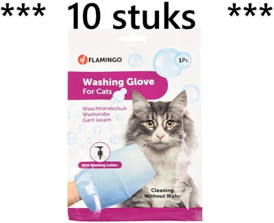 ** 10 X ** Flamingo washand voor katten doordrenkt met waslotion - geen water nodig X voor katten die niet van baden houden .. Of als het efkes snel moet . Makkelijk in gebruik - individueel verpakt