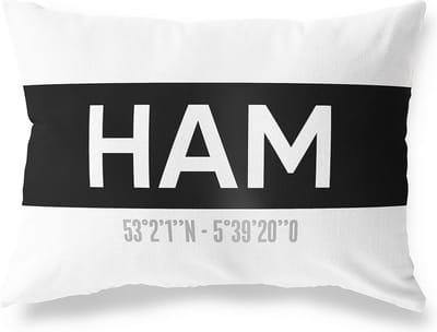 Tuinkussen HAM - GRONINGEN met coördinaten - Buitenkussen - Bootkussen - Weerbestendig - Jouw Plaats - Studio216 - Modern - Zwart-Wit - 50x30cm
