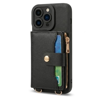 Zwart telefoon hoesje met portemonnee en koord geschikt voor iPhone 13 Pro – faux leren wallet case met pasjeshouder, drukknoopsluiting en beschermende backcover