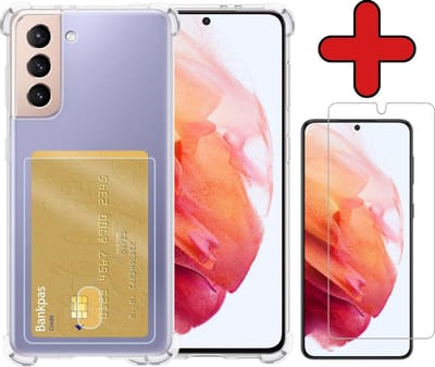 Hoesje - Geschikt voor Samsung Galaxy S21 - Met Screenprotector - Pashouder - Kaarthouder - Back Cover - Telefoon Hoes Shockproof - Siliconen Case - Shock Proof - Pasjes Houder - Telefoonhoes - Transparant