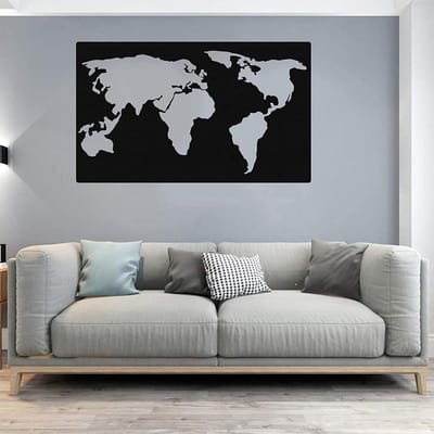 Metalen Wereldkaart - Muurdecoratie - Woonkamer Aankleden - 3D Effect - 50x20cm - Zwart