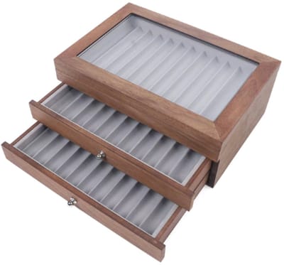 LabelOne Pennendoos - Pennenbak - Pennen Organizer - Display Kast - geschikt voor 34 pennen - kleur walnoothout - 31x20x12.5 cm