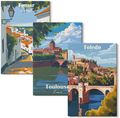 Wallfluent Set van canvas schilderijen - Retro-stijl graphics van beroemde steden Canvas Schilderijen Set - set 3 stuks 20x30 cm - Veelkleurig Set van Canvas Prints - Steden Canvas Kunst Set - Boheemse Canvas Kunst Set