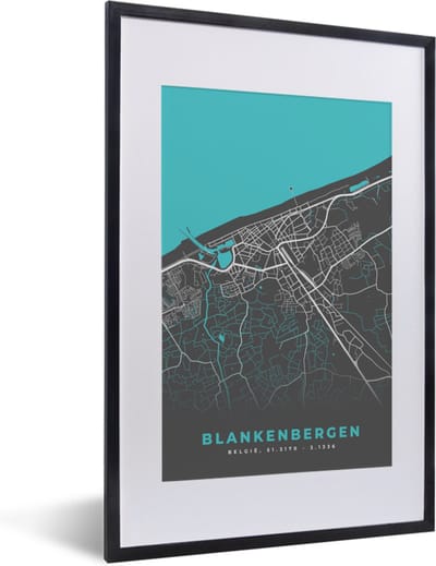 Fotolijst incl. Poster - België – Blankenbergen – Stadskaart – Kaart – Blauw – Plattegrond - 40x60 cm - Posterlijst
